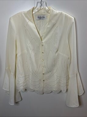 J.R. Nites Cream Beaded Button-Front Women's Blouse M